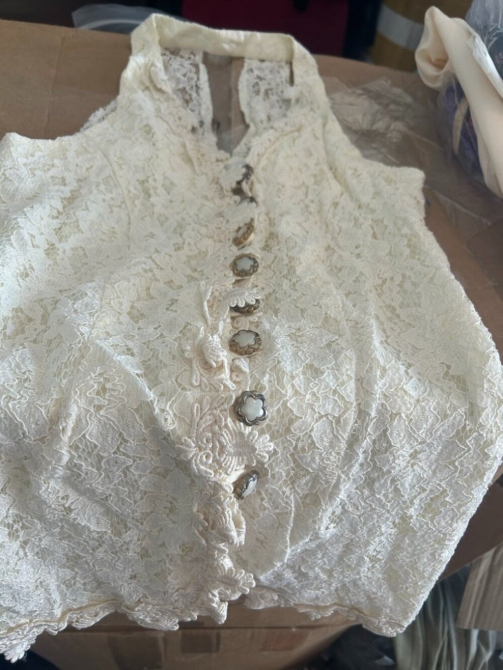 Vintage Cream Sheer Floral Lace Button Up Halter Vest Top with Pearl Buttons XXS